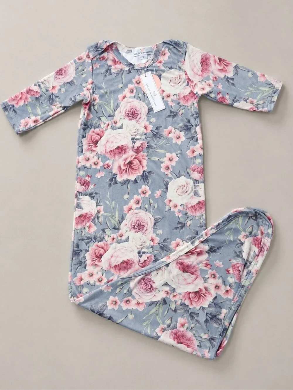 Bailey's Blossoms NWT 0-3M Floral Knotted Newborn Gown Rose Baby Girl